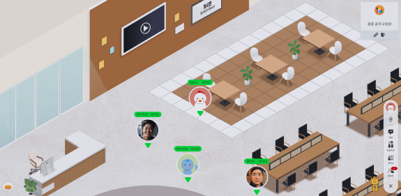Preview of the Kongle Public room in JoyCollab — a 2.5D office space with desks and a lounge